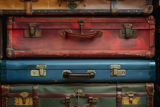Close up of stack of four suitcases, one open photo