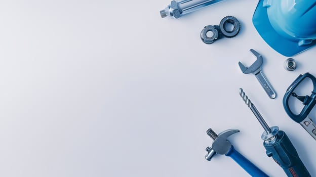 Professional Tools for Construction and Repair Projects. Concept of hardware, engineering, DIY, and craftsmanship. Copy space for text photo