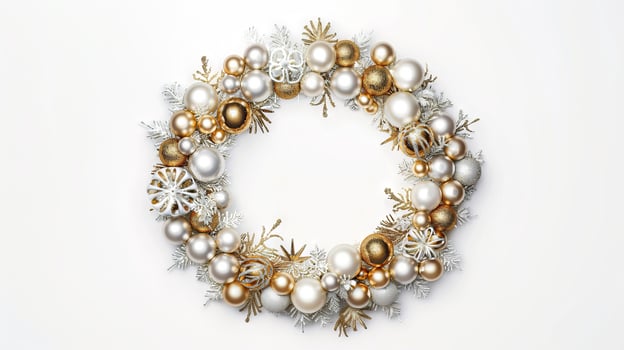 Elegant Christmas wreath with silver and gold ornaments. Winter holiday decoration. Concept of celebration, festive design, joyful ambiance, seasonal decor. Isolated on white background photo