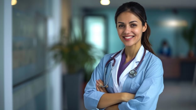 A beautiful smiling Brazilian woman doctor standing with her arms crossed in her office photo