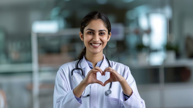 A happy beautiful young Indian woman doctor making hand heart in hospital photo