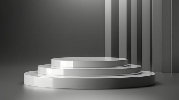 Three identical white pedestals stand evenly spaced in a room. The room is neat and well-lit, emphasizing the simplicity and symmetry of the pedestals. photo