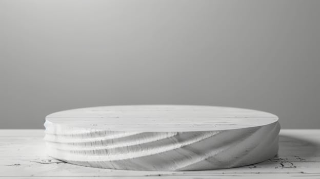 A round wooden platform stands on a white marble surface under soft lighting. The background is plain and gray, creating a minimalist look. photo