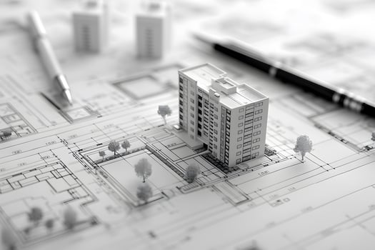Close up of building model on blueprint photo