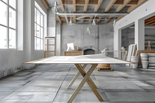 A wooden table placed in a room filled with numerous windows photo