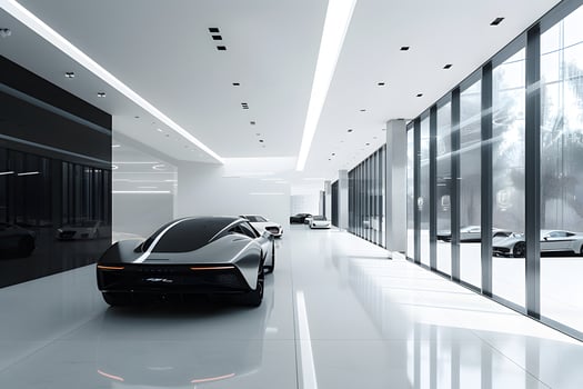 Car displayed in a showroom with large windows photo