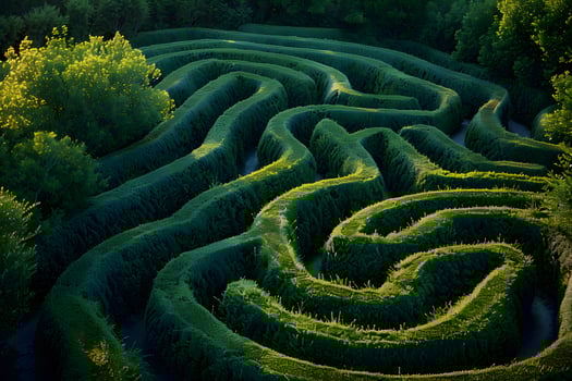 Maze of green plants in a park with trees photo