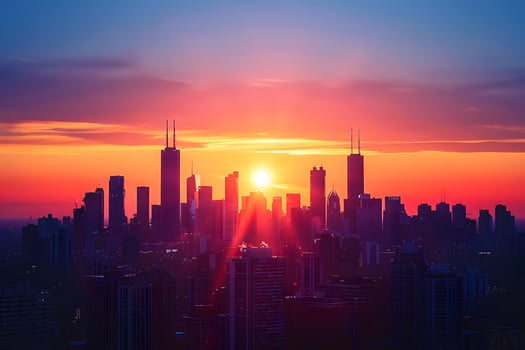 Cityscape with a radiant sun setting photo