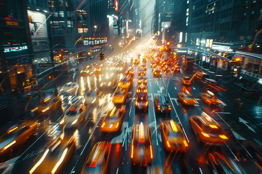 Busy city street night traffic scene photo