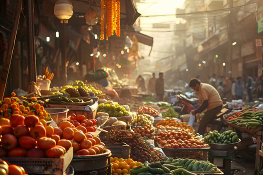 Many baskets of fruit and vegetables displayed at market photo