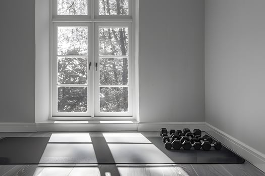 A room with a window and a mat holding a pair of shoes photo