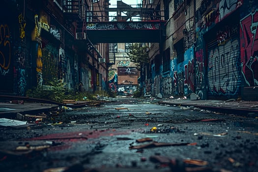 Alley with graffiti and trash on the ground photo