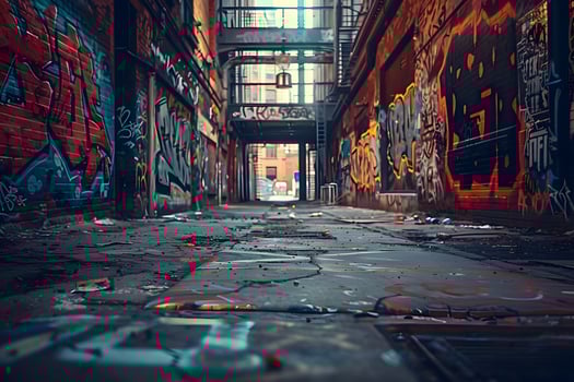A long alley with graffiti on the walls and a door photo