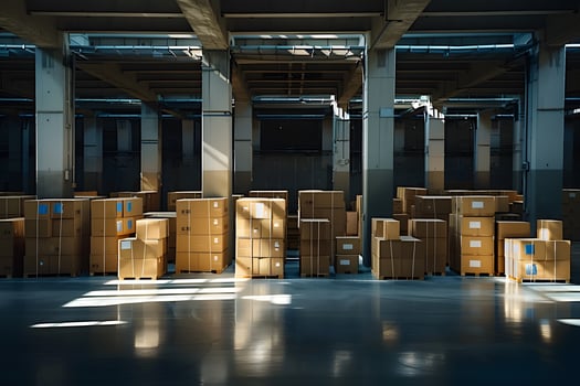 Boxes stacked on pallets in a warehouse with many windows photo