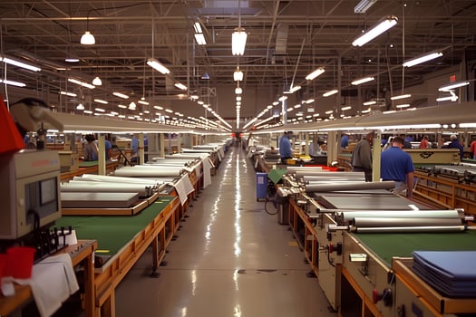 Factory workers at rows of beds operating machines photo
