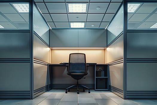 A chair in a cubicle with a desk photo
