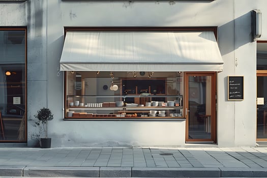 A store front with a window and a sign on the side photo