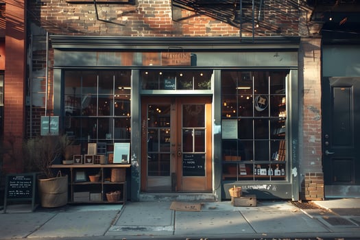 A store front with a lot of windows and a sign photo