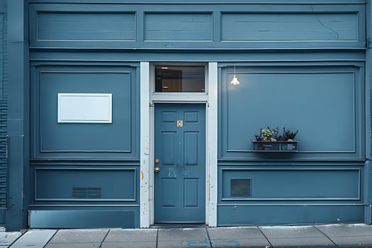 A blue building with a blue door and a window photo
