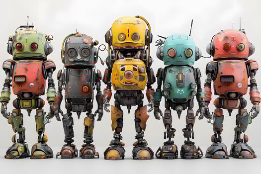 Several robots in a row on a white surface photo