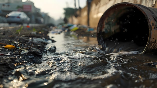 City pollution. Waste dirty sewage water flows from the pipe to the street. City pollution. Waste dirty sewage water flows from the pipe to the street photo