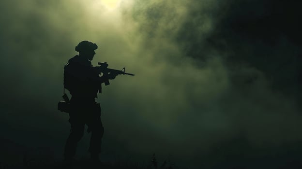 Silhouette of man with assault rifle on dark toned foggy background photo