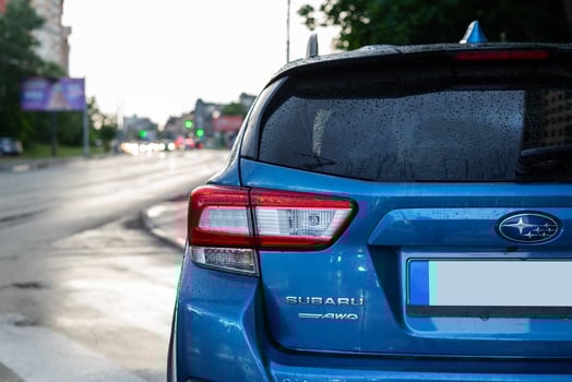 Kyiv, Ukraine - May 30, 2024. 2023 Blue Subaru Crosstrek AWD 2.0S rear view on the street photo