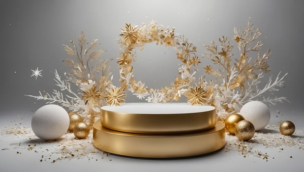 Beautiful golden podium, snowflakes balls photo