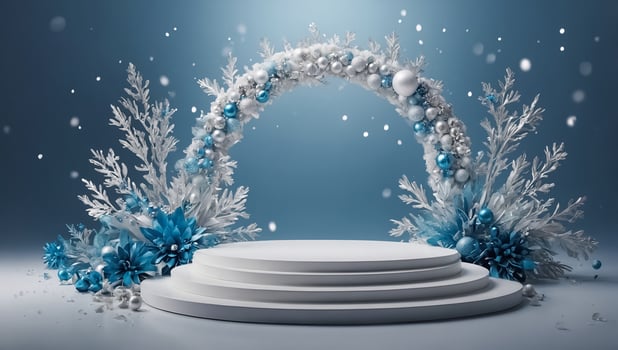 Beautiful pastel color podium, snowflakes balls photo
