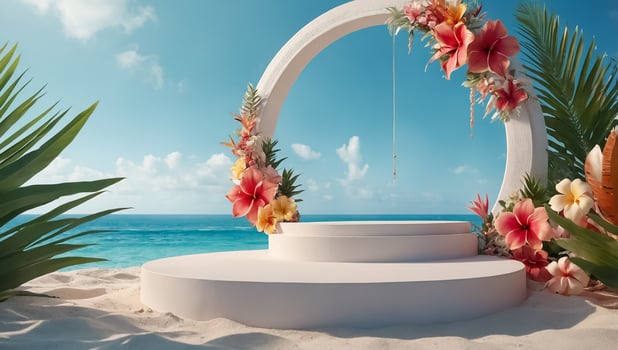 Beautiful podium, tropic leaves and flowers, sea photo