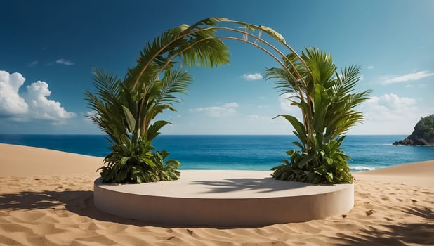 Beautiful podium, tropic leaves, sea photo