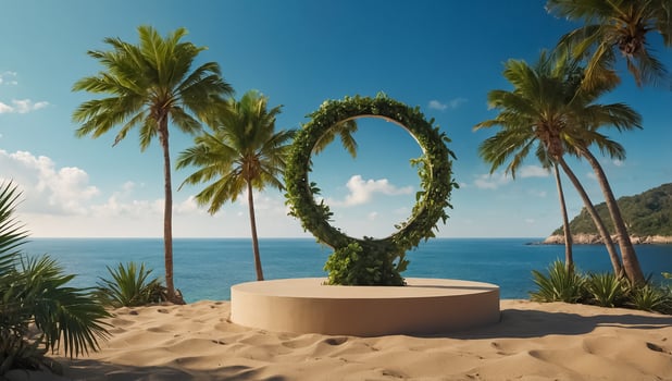 Beautiful podium, tropic leaves, sea photo