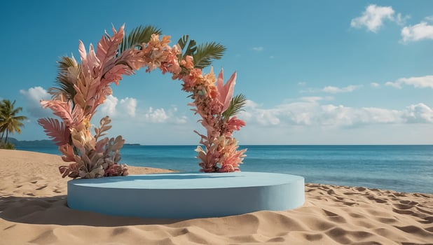 Beautiful podium, tropic leaves, sea photo