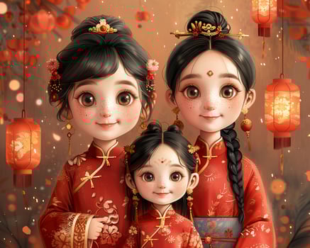 A Lunar New Year celebration with families wearing traditional clothing. photo
