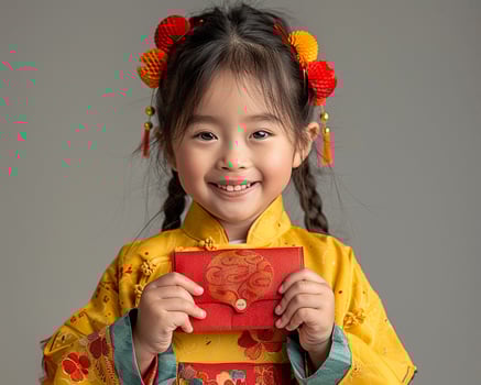 A child holding a red envelope with a big smile. photo