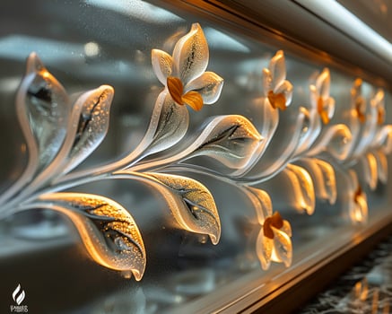 A close-up of a glass logo on a frosted glass surface photo