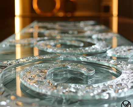A close-up of a glass logo on a frosted glass surface photo