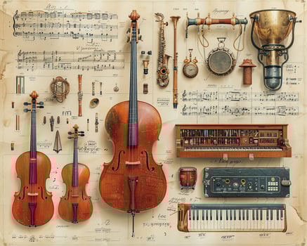 A detailed outline of a musical instrument collection. photo
