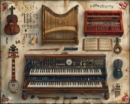 A detailed outline of a musical instrument collection. photo