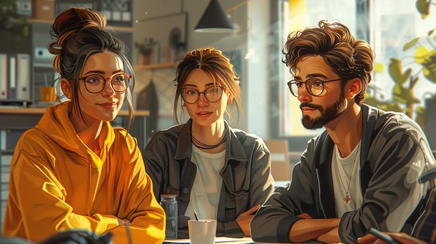 A diverse team having a casual conversation in an office. photo
