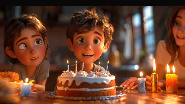 A family celebrating a birthday at home including cake and decorations photo