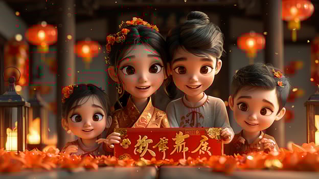 A family decorating their home with red couplets. photo
