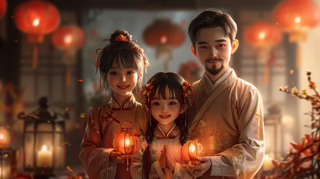 A family decorating their home with red couplets. photo