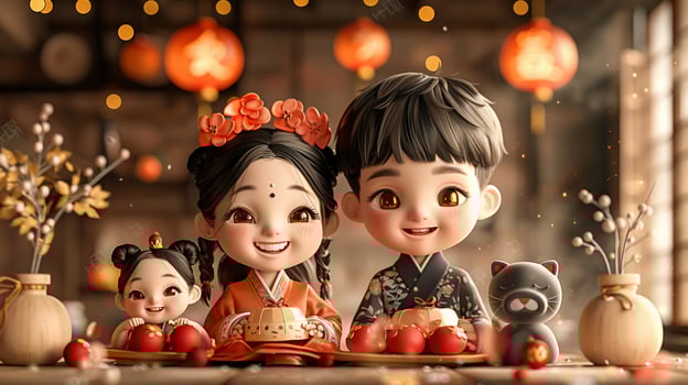 A family decorating their home with red couplets. photo