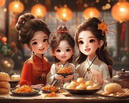 A family enjoying a meal with traditional Lunar New Year dishes. photo