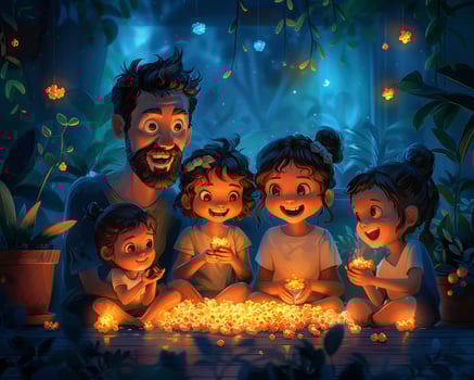 A family enjoying a movie night at home. photo