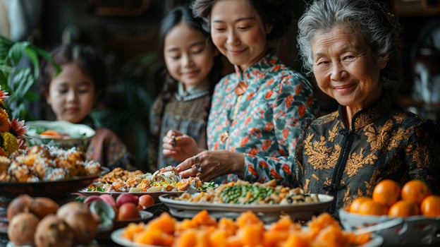 A family preparing a New Year feast traditional dishes photo