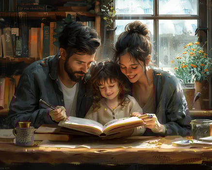A family reading books together in a cozy living room. photo