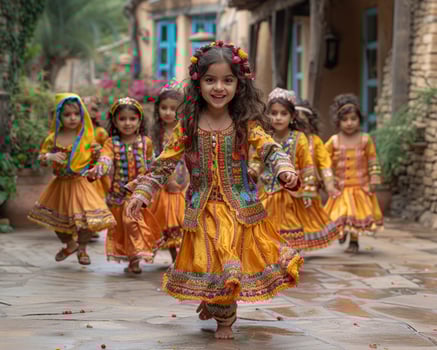 A group of children in traditional clothing playing. photo