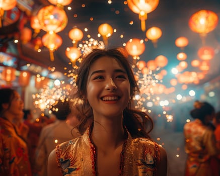 A group of friends celebrating Lunar New Year with fireworks photo